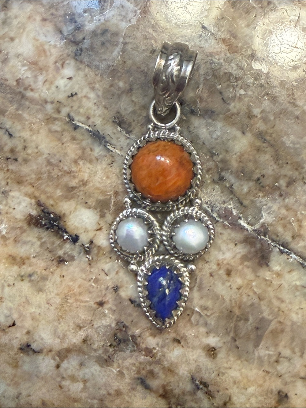Sterling Silver Multi-Stone Pendant w/Mediterranean Coral,pearls & Blue Lapis